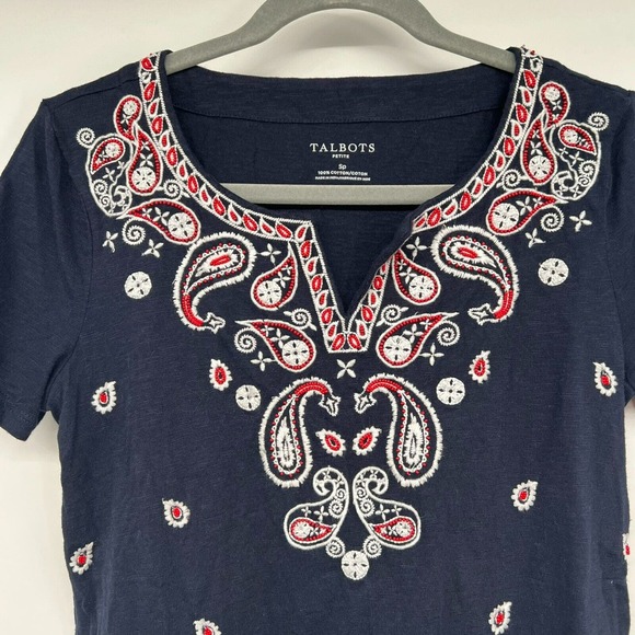 Talbots Blouse Womens PS Navy Embroidered Beaded Paisley Short Sleeve Split Neck - Picture 4 of 8